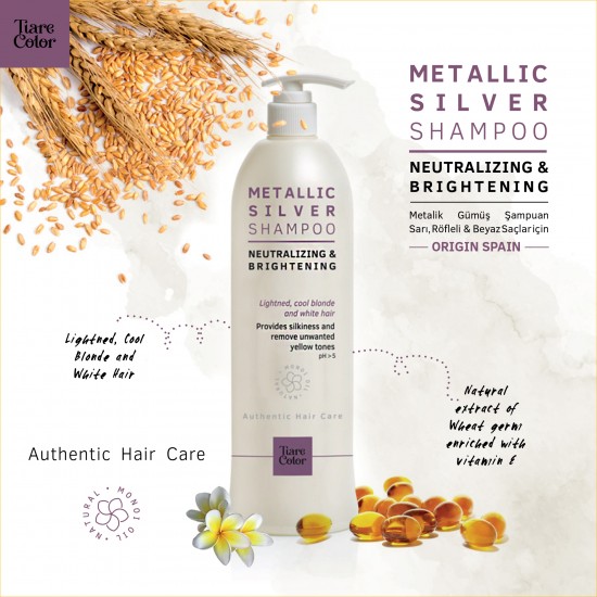 TiareColor Metallic Silver Platin Sarı, Beyaz, Gri Saçlar için No Yellow Mor Şampuan 1000 ML